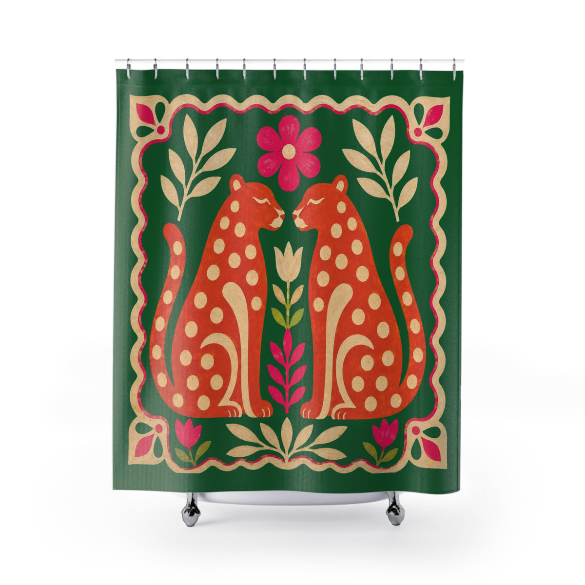 Green Folk Art Big Cat Shower Curtain