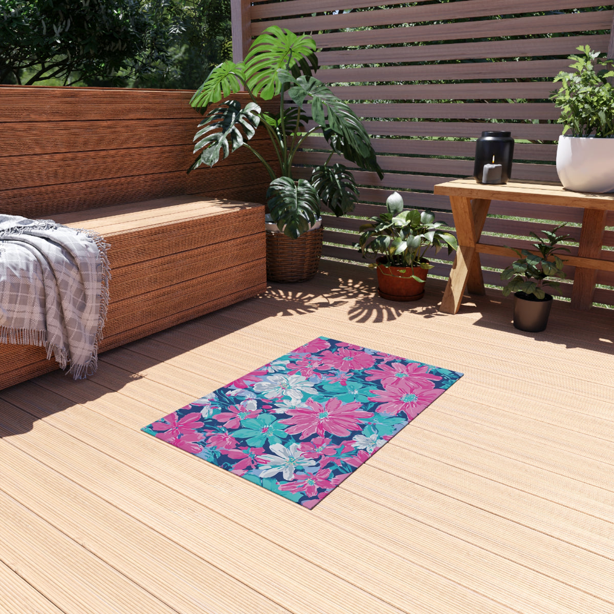 Tropical Pink Teal Floral Outdoor Rug
