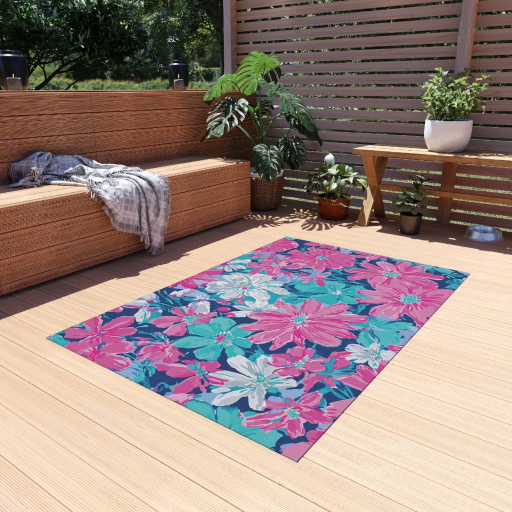 Tropical Pink Teal Floral Outdoor Rug