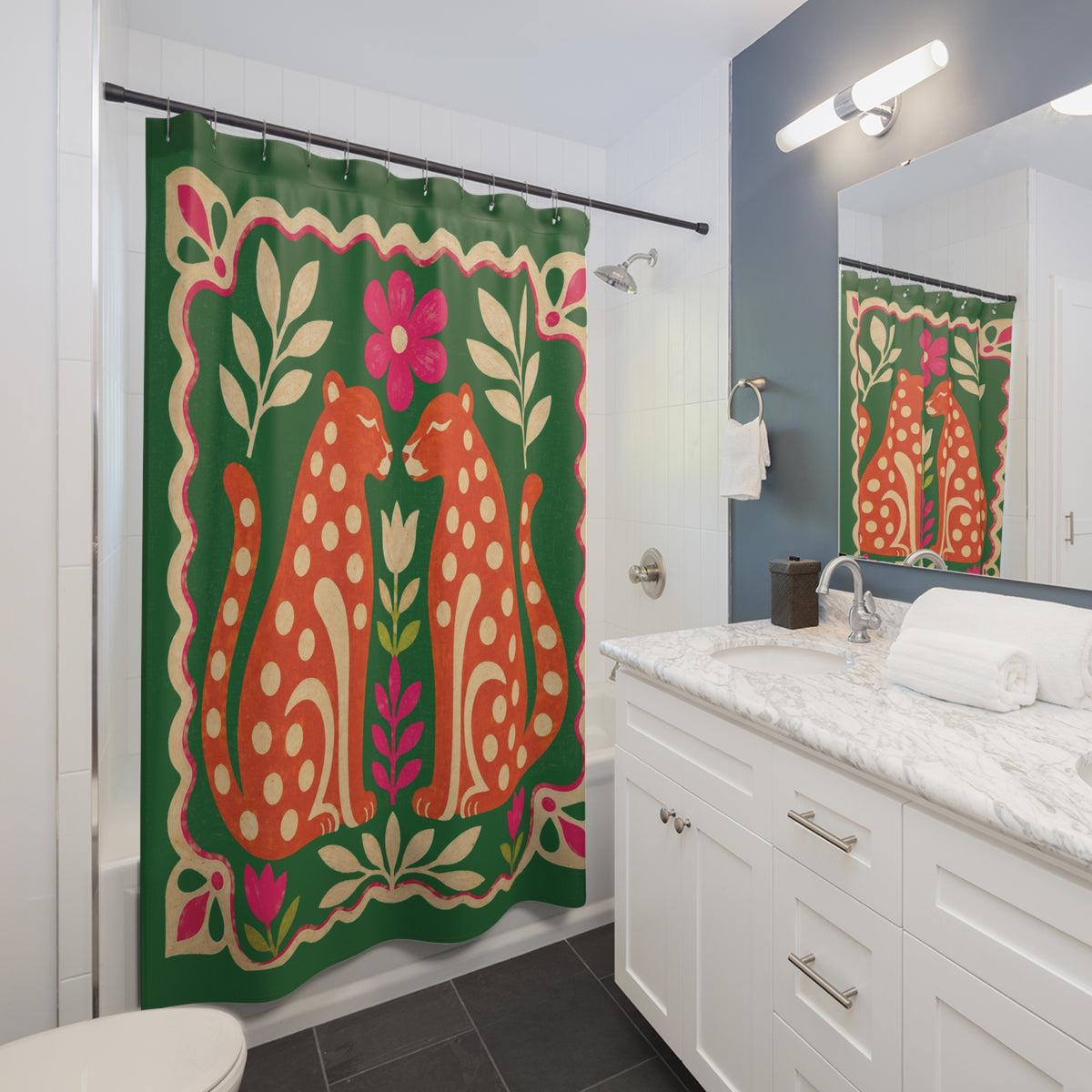 Green Folk Art Big Cat Shower Curtain