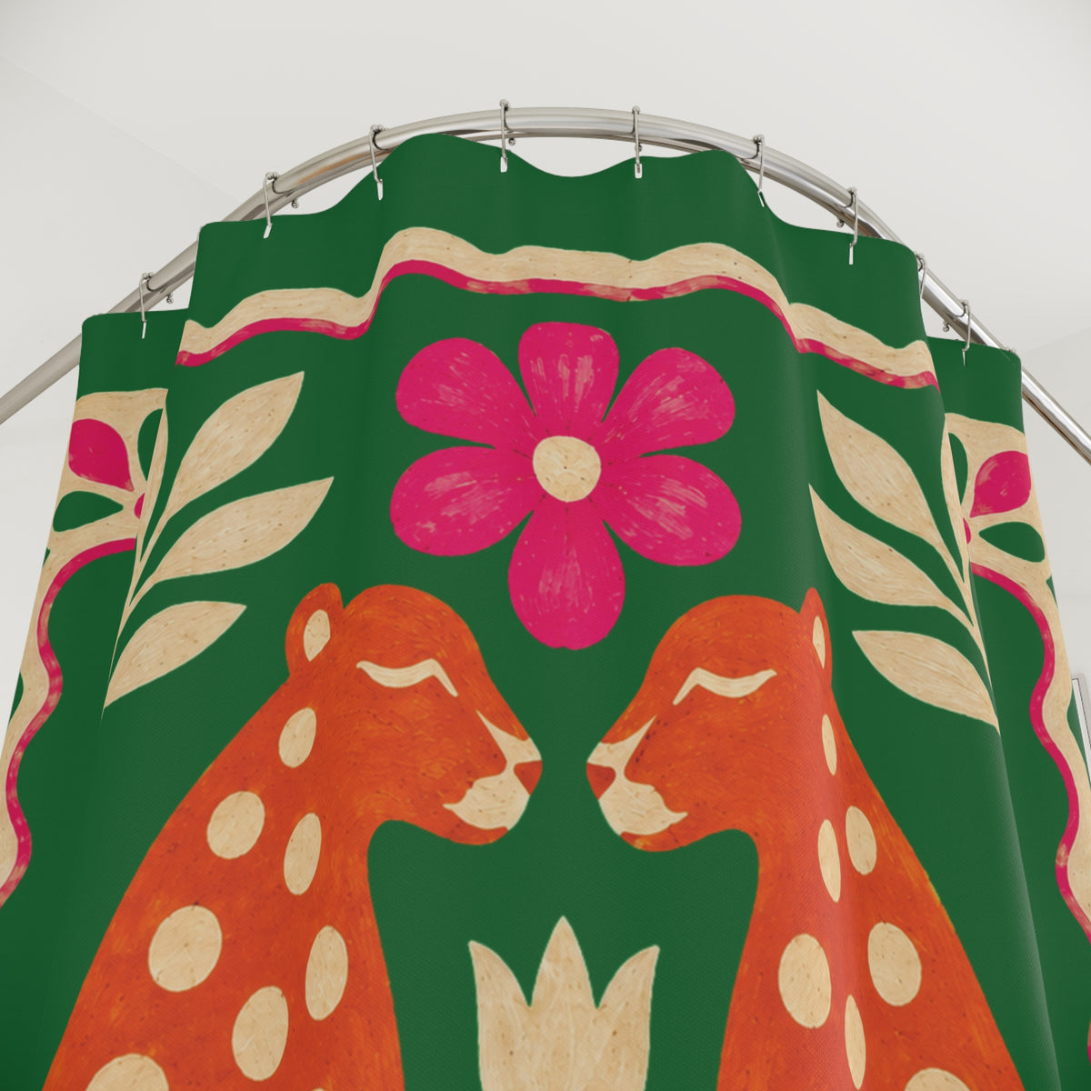 Green Folk Art Big Cat Shower Curtain