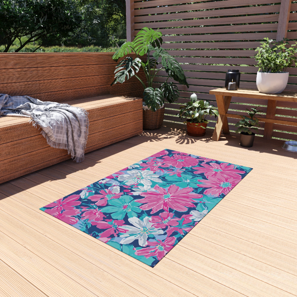 Tropical Pink Teal Floral Outdoor Rug
