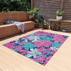 Tropical Pink Teal Floral Outdoor Rug