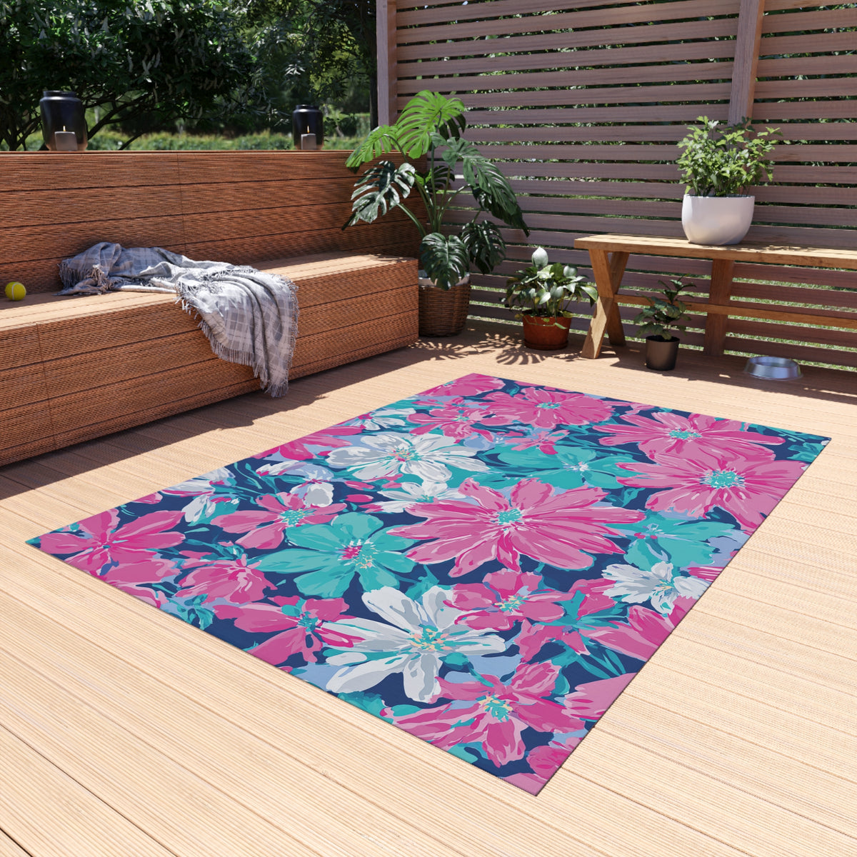 Tropical Pink Teal Floral Outdoor Rug