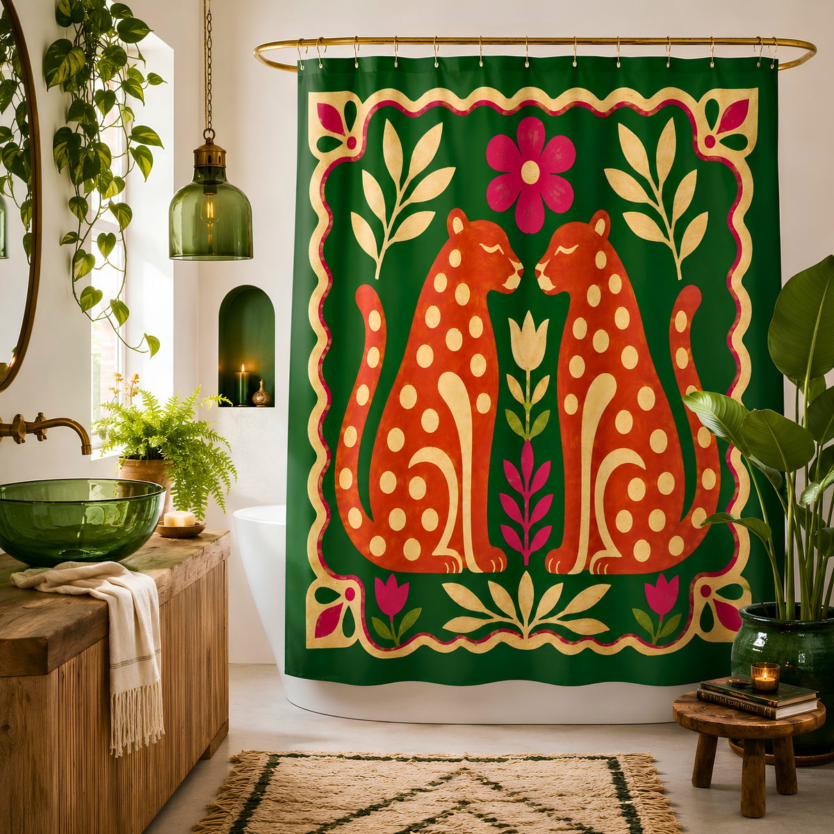 Green Folk Art Big Cat Shower Curtain