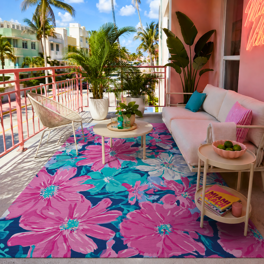 Tropical Pink Teal Floral Outdoor Rug