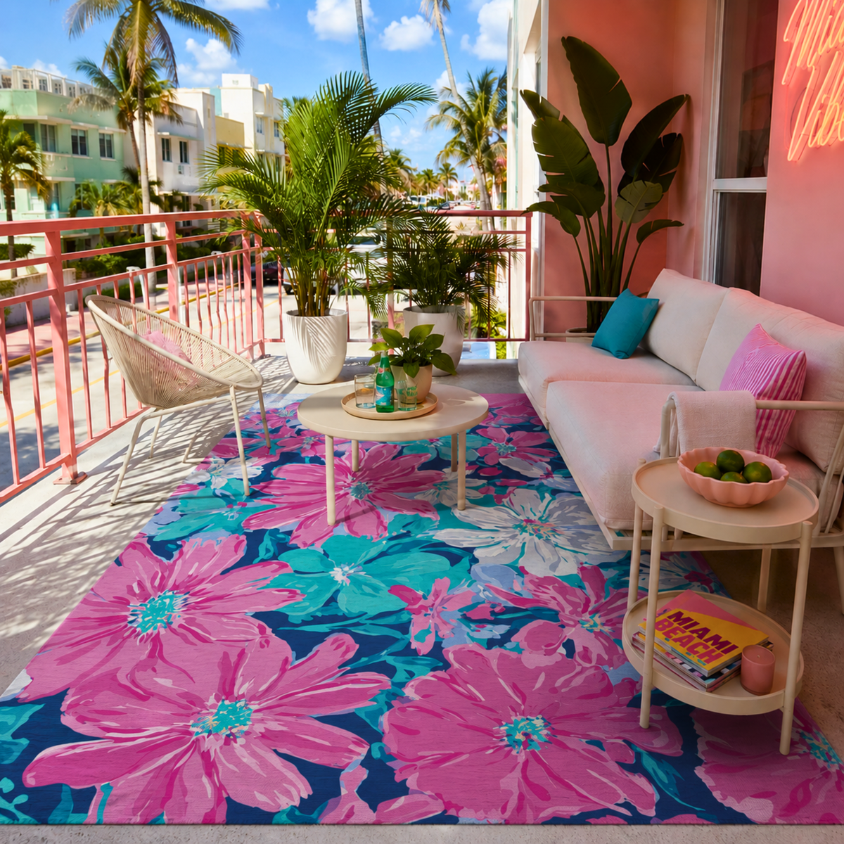 Tropical Pink Teal Floral Outdoor Rug