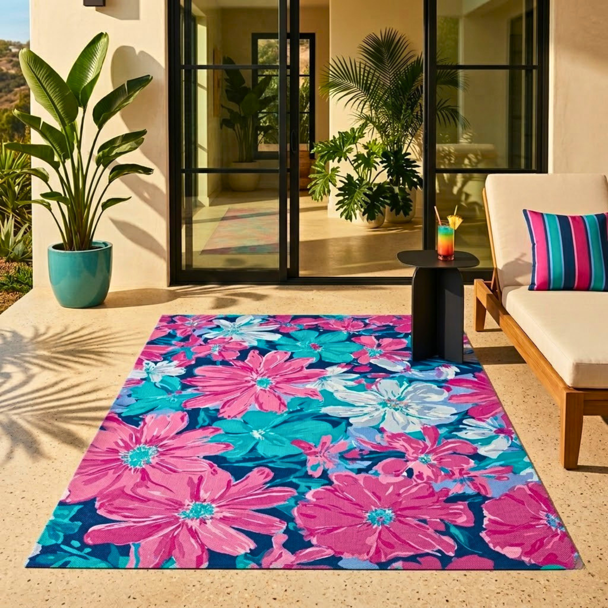 Tropical Pink Teal Floral Outdoor Rug